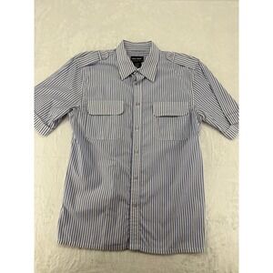John Blair Shirt Mens M Button Down Blue White Striped Short Sleeve Epaulette